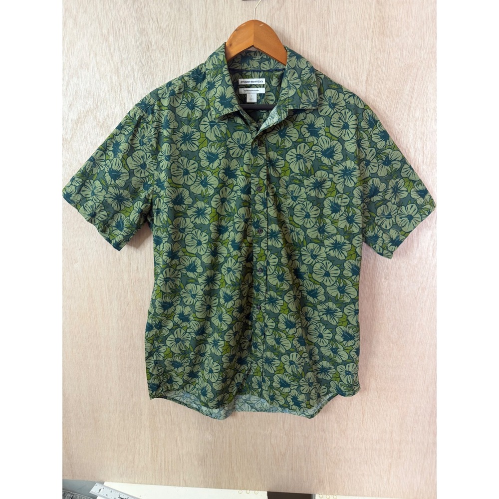 Amazon Essentials Mens Green Floral Hibiscus Short Sleeve Button Down Shirt L